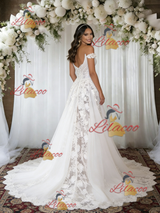 White Tulle Lace Off the Shoulder Wedding Dress