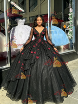 Black LOng Sleeve V-neck Appliques Quinceanera Dress