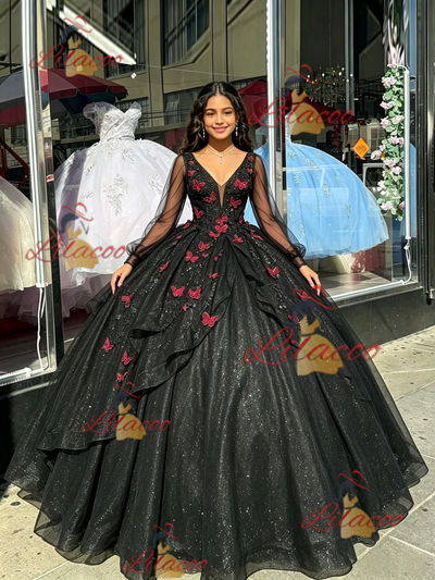 Black LOng Sleeve V-neck Appliques Quinceanera Dress