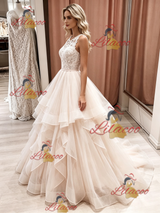 Champagne Tulle Lace Sleeveless Wedding Dress
