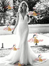 White Mermaid V-neck Long Sleeve Wedding Dress