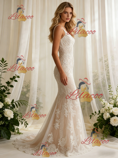 Beige White Mermaid Lace Straps Wedding Dress
