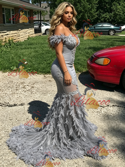 Gray Mermaid Off the Shoulder Feather Prom Dress