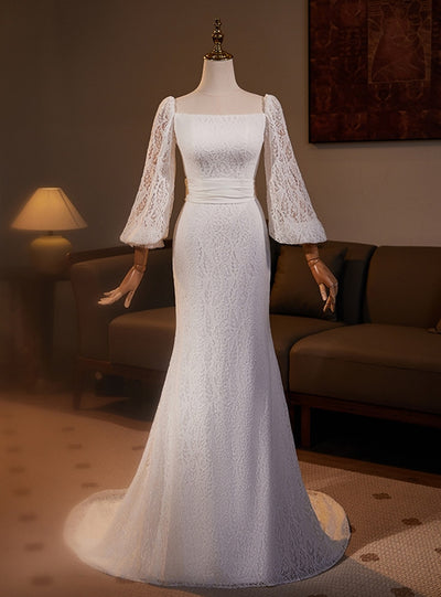 White Mermaid Lace Long Sleeve Wedding Dress