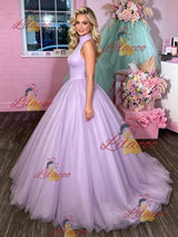 Purple Tulle High Neck Prom Dress