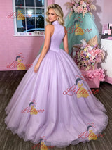 Purple Tulle High Neck Prom Dress