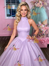 Purple Tulle High Neck Prom Dress
