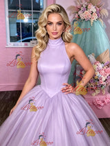 Purple Tulle High Neck Prom Dress