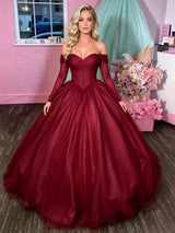 Burgundy Tulle Long Sleeve Prom Dress