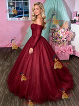 Burgundy Tulle Long Sleeve Prom Dress