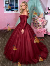 Burgundy Tulle Long Sleeve Prom Dress