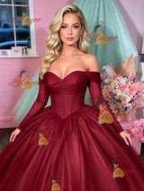 Burgundy Tulle Long Sleeve Prom Dress