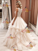 Champagne Tulle Lace Sleeveless Wedding Dress
