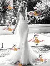 White Mermaid V-neck Long Sleeve Wedding Dress