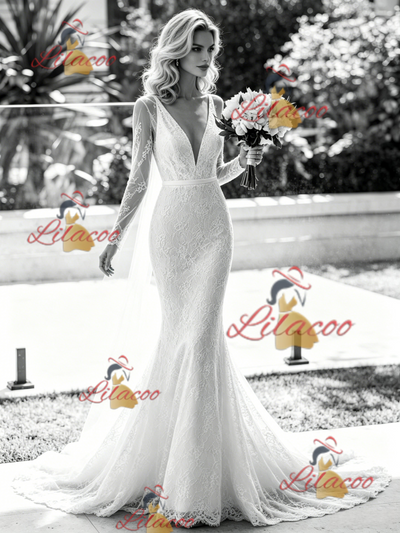 White Mermaid V-neck Long Sleeve Wedding Dress