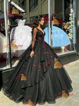 Black LOng Sleeve V-neck Appliques Quinceanera Dress