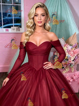 Burgundy Tulle Long Sleeve Prom Dress