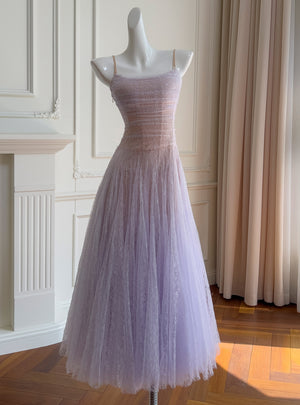 Purple Lace Straps Pleats Prom Dress