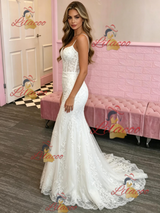 White Mermaid Lace Spaghetti Straps Prom Dress