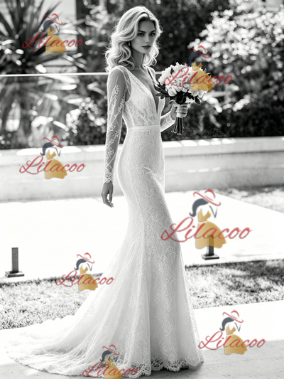 White Mermaid V-neck Long Sleeve Wedding Dress