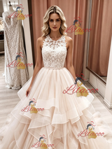 Champagne Tulle Lace Sleeveless Wedding Dress