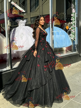 Black LOng Sleeve V-neck Appliques Quinceanera Dress