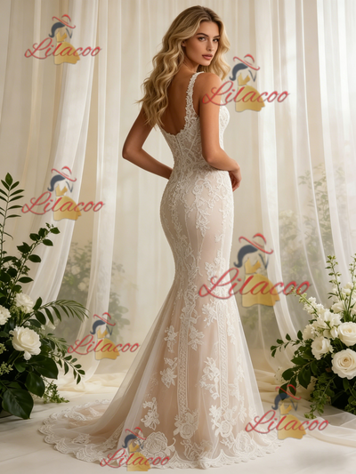 Beige White Mermaid Lace Straps Wedding Dress