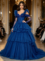 Blue Tulle Straps Tiers Beading Quinceanera Dress