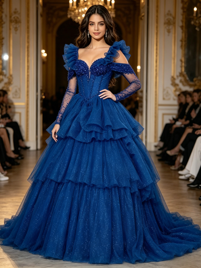 Blue Tulle Straps Tiers Beading Quinceanera Dress