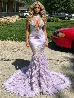 Purple Mermaid Halter Feather Prom Dress