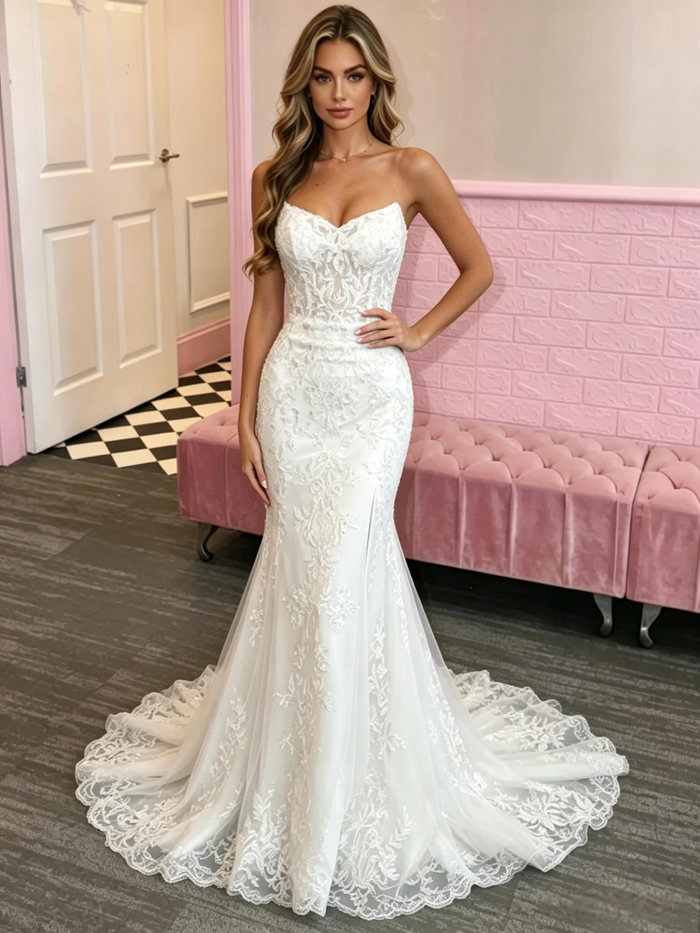 White Mermaid Lace Spaghetti Straps Prom Dress