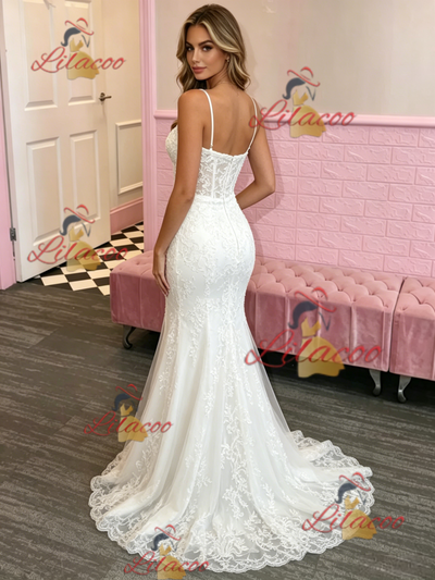 White Mermaid Lace Spaghetti Straps Prom Dress