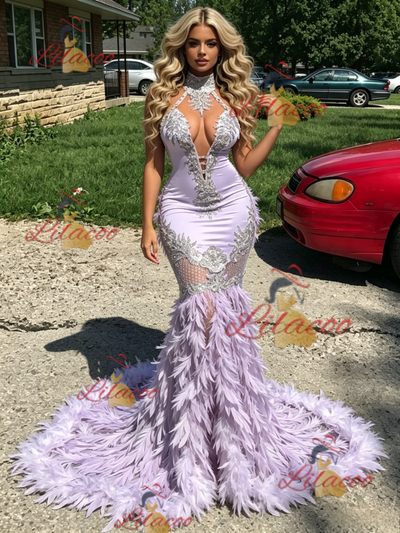 Purple Mermaid Halter Feather Prom Dress