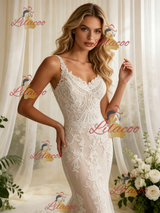 Beige White Mermaid Lace Straps Wedding Dress