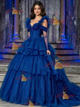 Blue Tulle Straps Tiers Beading Quinceanera Dress