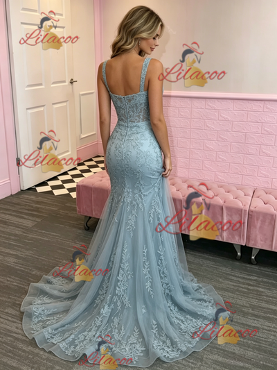 Blue Mermaid Straps Appliques Prom Dress