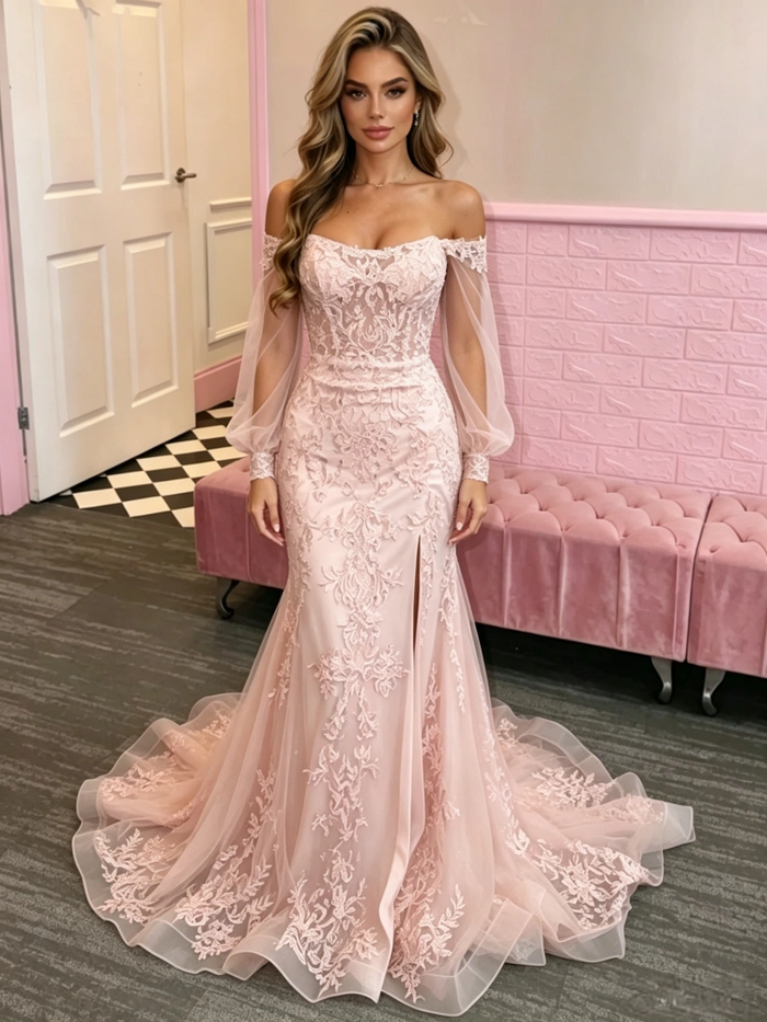 Pink Mermaid Lace Long Sleeve Prom Dress