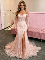 Pink Mermaid Lace Long Sleeve Prom Dress