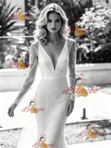 White Mermaid V-neck Long Sleeve Wedding Dress