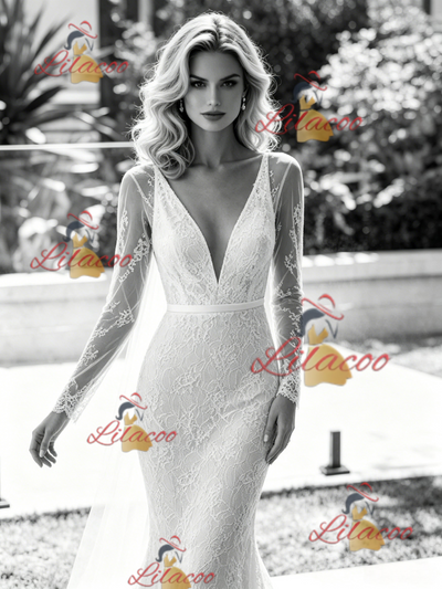 White Mermaid V-neck Long Sleeve Wedding Dress