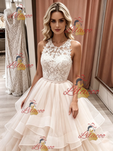 Champagne Tulle Lace Sleeveless Wedding Dress