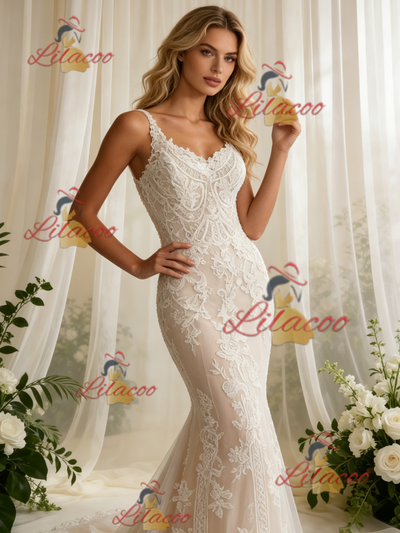 Beige White Mermaid Lace Straps Wedding Dress