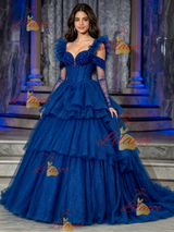 Blue Tulle Straps Tiers Beading Quinceanera Dress
