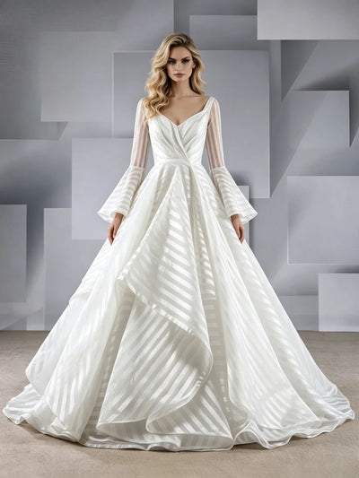 White Long Sleeve Square Neck Wedding Dress