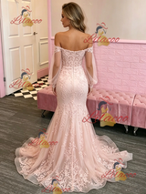Pink Mermaid Lace Long Sleeve Prom Dress