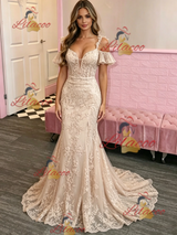 Champagne Mermaid Lace Straps Prom Dress