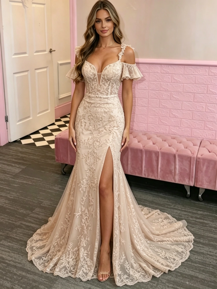 Champagne Mermaid Lace Straps Prom Dress