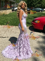 Purple Mermaid Halter Feather Prom Dress