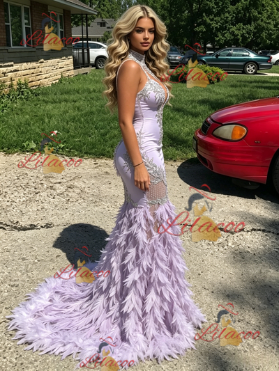Purple Mermaid Halter Feather Prom Dress