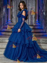 Blue Tulle Straps Tiers Beading Quinceanera Dress